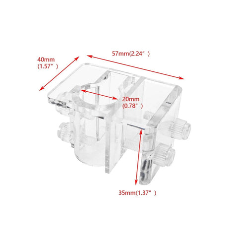 Clear Acrylic Aquarium Hose Clips 2 Pack Soft Tube Fixture Holder Clamps, dimensions shown, sturdy plastic for pump hoses.