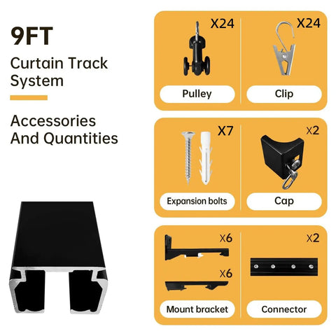Heavy Duty Ceiling Curtain Track System With Clips, Silent Smooth Aluminum Rail, Wall Or Ceiling Mounted Room Divider For Living Room, Bedroom, Patio And Sliding Doors, Extra Long 9ft Black showing accessories and 9ft rail