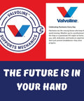 Valvoline logo with text 'Celebrating Mechanics Every Day' and 'The Future is in Your Hand' on red and blue background.