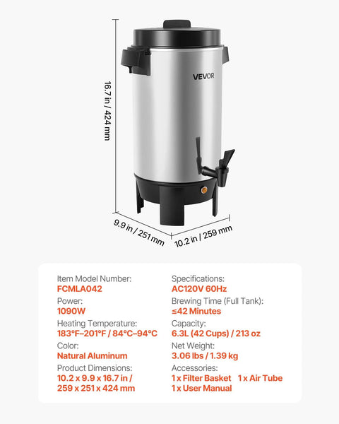Big Batch 40 Cup Coffee Urn With Dripless Faucet And 203oz Capacity, 1090W Quick Brew, Auto Temperature Control, aluminum finish.