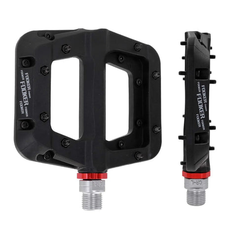 Non Slip Mountain Bike Pedals With Lightweight Nylon Fiber Platform For MTB And BMX 3 Bearing Cr Mo Spindle Rugged All Terrain Pedals Nine Sixteenth Inch Spindle Durable Abrasion Resistant Grippy For Rough Trails Built To Last black flat and side view