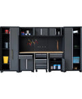 Front view of Beefy Nine Piece Garage Storage Cabinet System with rolling chest workbench, pegboard, and wall cabinets in black and grey.