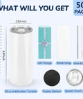 50 Pack 20 Oz White Sublimation Tumblers With Individual Gift Boxes, Straws, Cleaning Brush, Splash Proof Lids, Rubber Bottoms, And Shrink Wrap Film displayed.