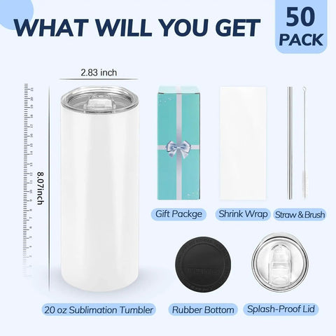 50 Pack 20 Oz White Sublimation Tumblers With Individual Gift Boxes, Straws, Cleaning Brush, Splash Proof Lids, Rubber Bottoms, And Shrink Wrap Film displayed.