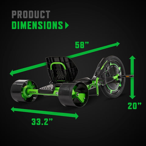 Green Machine 20 Inch Drift Trike For Kids 8 And Up With Dual Stick Steering, dimensions: 58x33.2x20 inches, adjustable seat.