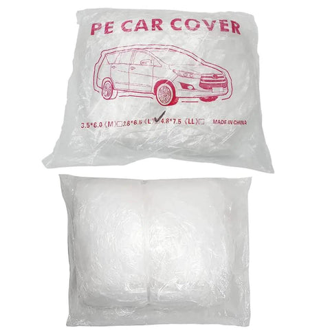 4-Pack Universal Car Cover Rain Dust Protection With Elastic Hem Lightweight Clear Plastic Covers packaged