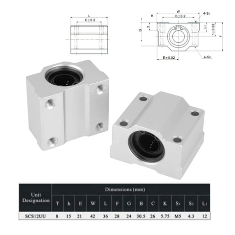 4 Piece Aluminum Linear Motion Ball Bearing Slide Block Set For CNC showing close-up of pillow blocks with dimensions diagram.