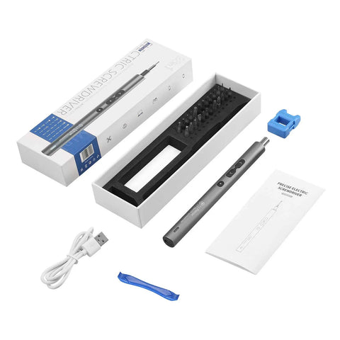 28 In 1 Cordless Electric Screwdriver Kit With 24 Bits, Type C Charging, LED Light, DIY Fixes, contents laid out on white background.
