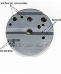 Universal Bench Block With Non Marring Urethane Construction For Pistols And Gunsmithing, showing labeled holes and channels