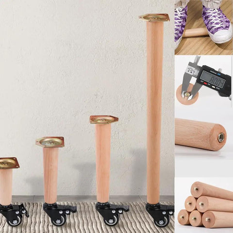 4 Pack Round Solid Wood Furniture Legs With Wheels And Brakes 65cm Tall Replacement Sofa Cabinet And Bed Feet, beech wood detail