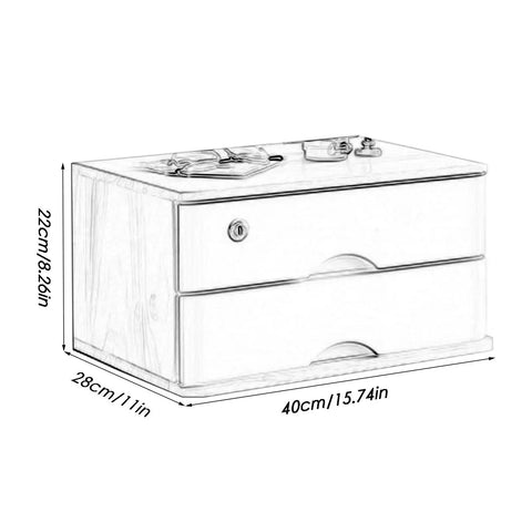 Solid Wood Desk Organizer With Locking Drawers, Monitor Riser, And A 2 Drawer File Cabinet, dimensions labeled on sketch.