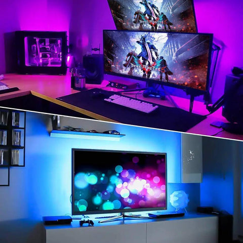 40Ft RGB Smart LED Strip Light Kit With 360 SMD 5050 LEDs lighting up gaming and TV setup