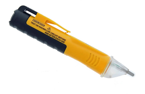Non-Contact Voltage Tester 50-600V CAT IV 600V NCVT With LED Indicator, yellow and black pen-style design