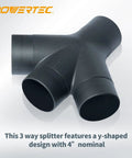 Heavy Duty Three Way Dust Collection Fitting With Y Shaped Splitter connects multiple power tools with durable ABS construction.