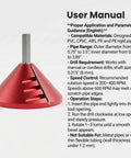 PVC pipe deburring tool, red conical body with square shaft, front view.