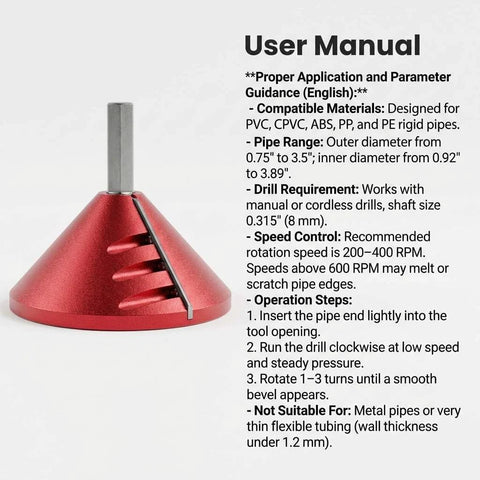 PVC pipe deburring tool, red conical body with square shaft, front view.