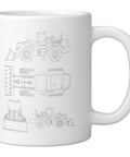Front End Loader Tractor Blueprint Ceramic Mug White Featuring Technical Drawings From Top Side And Front Angles Of Heavy Machinery