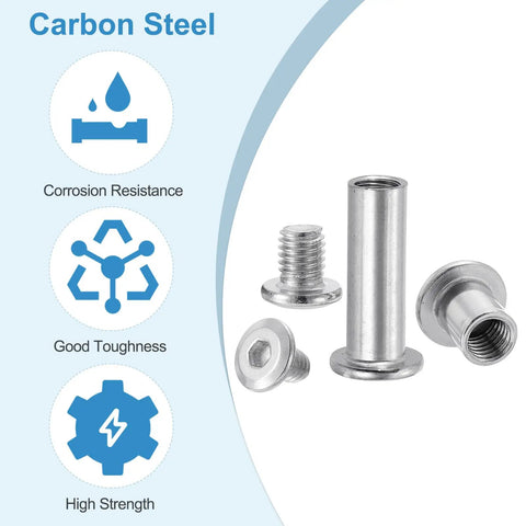 Top Shelf Hex Chicago Screws 10 Pack Binding Posts M6 X 50 Mil Socket Cap Bolts With Nuts For Scrapbook Leather Craft Belt Making Furniture Fix No Sweat DIY Silver Tone displayed with corrosion resistance and high strength features.