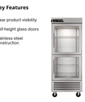 Kickass 23 Inch Commercial Reach In Refrigerator With Right Hinged Split Glass Doors Providing Twenty Point Five Cubic Feet Of Space For Kitchen Crews Staging Prep Batches And Backup Gear, stainless steel construction, half-height glass doors.