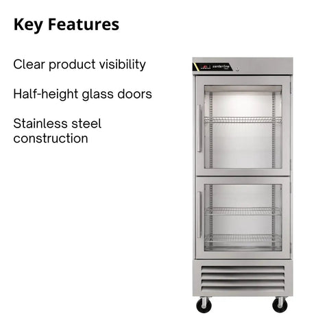 Kickass 23 Inch Commercial Reach In Refrigerator With Right Hinged Split Glass Doors Providing Twenty Point Five Cubic Feet Of Space For Kitchen Crews Staging Prep Batches And Backup Gear, stainless steel construction, half-height glass doors.