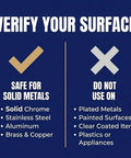 USA Made Metal Polish Paste For Solid Chrome, Stainless Steel, Aluminum And More, Non Abrasive Tarnish Fighter, Removes Light Oxidation, Requires Manual Buffing, Not For Plated Or Coated Surfaces, 5.29oz safety chart for solid and plated metals