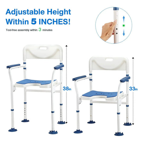 Bariatric Shower Chair Heavy Duty Foldable Bath Bench with adjustable height from 33 to 38 inches, blue non-slip seat