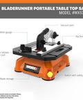 Lightweight Portable Table Saw Dishing Out Snappy Rip And Cross Cuts Without Breaking a Sweat Featuring Smooth Miter Glides And Knockout Stability For Any Job Site showing miter gauge and blade release.