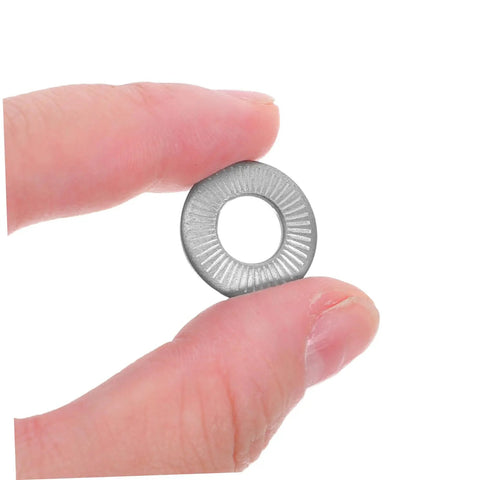 Person holding an M6 Conical Knurled Spring Washer, 304 stainless steel, designed to secure nuts against shakeouts.