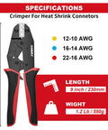 Image of Ratchet Crimping Tool For Heat Shrink Connectors AWG 22 To 10 Pro Wire Crimper showing specifications for length and weight.
