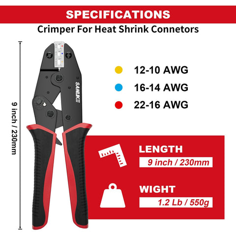 Image of Ratchet Crimping Tool For Heat Shrink Connectors AWG 22 To 10 Pro Wire Crimper showing specifications for length and weight.