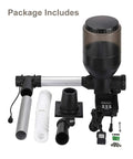 No Sweat Automatic Pond Fish Feeder With LCD Control And Spacious 5.5L Capacity Runs On DC 12V parts and accessories laid out.
