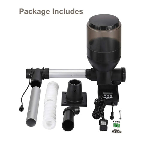 No Sweat Automatic Pond Fish Feeder With LCD Control And Spacious 5.5L Capacity Runs On DC 12V parts and accessories laid out.