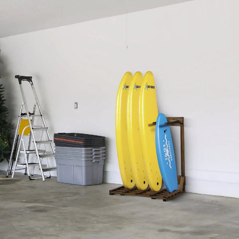 Rustic Burnt Wood Freestanding Surfboard Rack, 4 Foot Tall Vertical Stand For Indoor Storage, holds four boards in garage