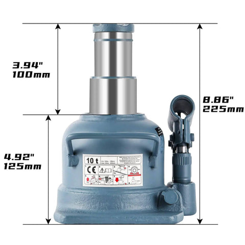 Low Pro 10 Ton Double Ram Bottle Jack For Low Clearance Lifts From Four And Seven Eighths Inches To Eight And Seven Eighths Inches, Compact Welded Hydraulic Jack With Shorty Stature And Solid Stable Build