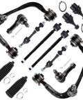 Beefed Up 12 Piece Front Upper Control Arms Kit With Ball Joints Outer And Inner Tie Rod Ends Boots And Sway Bar Link For Ford F 150 2005 2008 And Lincoln Mark LT 2006 2008 suspension parts laid out on white