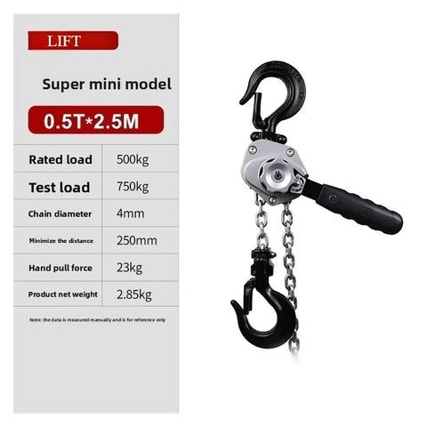 Super Lightweight Aluminum Hand Chain Hoist With Crank for reliable manual lifting, showing details of test load and chain specifications.