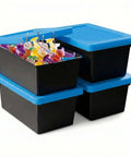 Stackable Mini Tote Bins with Lids for Desk Organization and Craft Storage blue modular organizer featuring colorful push pins.