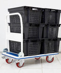 4 Inch Heavy Duty Casters With Dual Locking Swivel Wheels And Non Marking Polyurethane Tires For Shock Absorbing Glide on a cart with bins.