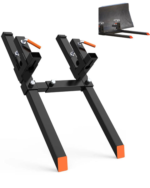 Beefy 43 Inch 2000 Lbs Heavy Duty Pallet Forks For Loader Bucket Skid Steer Tractor shown with adjustable stabilizer bar
