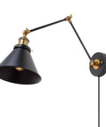 Black Swing Arm Wall Lamp With Antique Brass Finish, 2-in-1 Plug-In Or Hardwire Wall Sconce, adjustable arm, side view