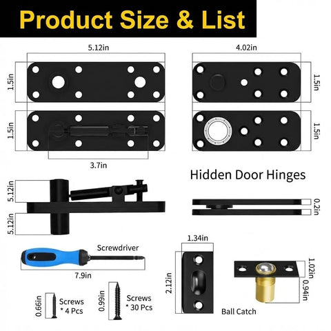 Heavy Duty Pivot Hinge For Hidden Doors 600 LBS Load Capacity Stainless Steel Murphy Door Hardware dimensions and components