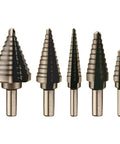 Heavy Duty 5 Piece Titanium Coated Step Drill Bit Set For Wood Plastic Aluminum With High Speed Steel Bits Cone Unibit Drills Dual Flute 118 Degree Split Point Built For DIYers And Multi Size Hole Cutting on white background