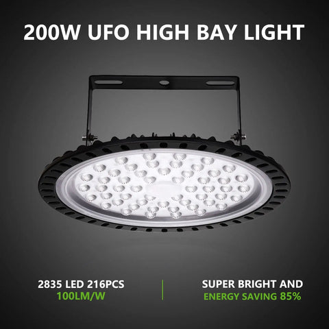 15 Pack 200W LED High Bay Lights UFO Style 6500K Daylight White 20000 Lumens for warehouse, black metal frame