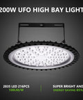 200W UFO LED high bay light fixture with 216 LED pieces, featuring mounting bracket.