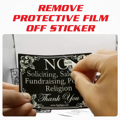 Person peeling protective layer off Two Pack No Soliciting Door Sign 4x3 Vinyl Weatherproof Peel And Stick For Home Or Business Stop Door Knocks From Sales Reps Fundraisers Political Canvassers And Religious Solicitors.
