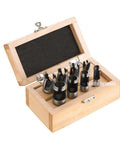 High Grade Eight Piece Woodworking Drill Bit Set For Cutting Precise Straight And Tapered Tenon Plugs in wooden box.