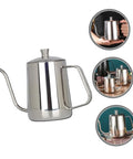 Smooth Pour Long Spout Coffee Kettle With Lid Stainless Steel Tea Pot For Home Office Brewing Gear Non Drip Design in silver finish.