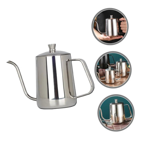Smooth Pour Long Spout Coffee Kettle With Lid Stainless Steel Tea Pot For Home Office Brewing Gear Non Drip Design in silver finish.