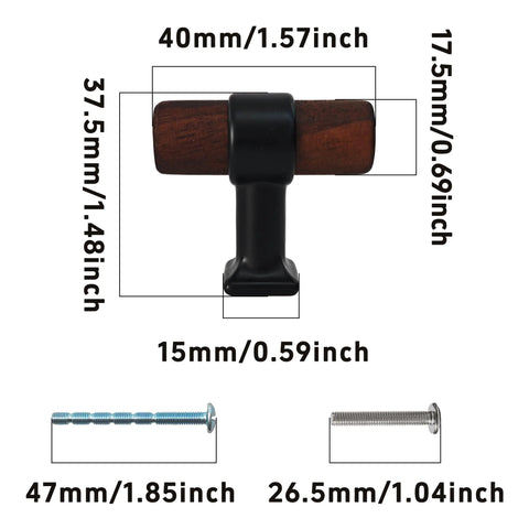 4 Pack Walnut Wood Drawer Pulls With Mounting Screws One Point Five Seven Inch T Bar Cabinet Handles dimensions and screws shown.