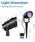 Dimensions of 12W RGB Low Voltage Landscape Lights With Remote Control, Waterproof spotlight showing width, height, and wire length.